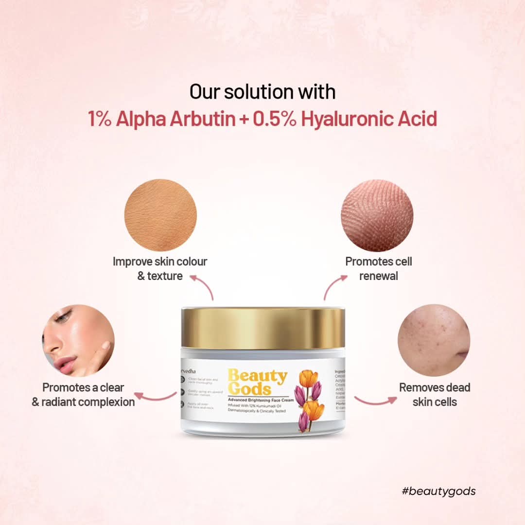 Beauty Gods Advanced Brightening Face Cream with 12% Kumkumadi Oil | Glowing, Clear & Even-Toned Skin | No Harmful Chemicals | Dermatologically Tested | 50g